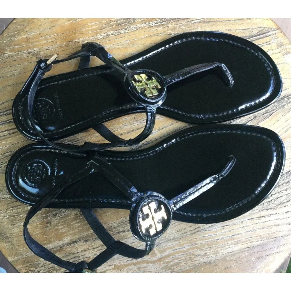 Tory Burch Dillan Black Patent Leather Flat Sandal Womens Size 10.5